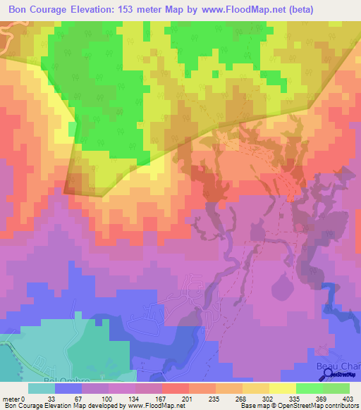Bon Courage,Mauritius Elevation Map