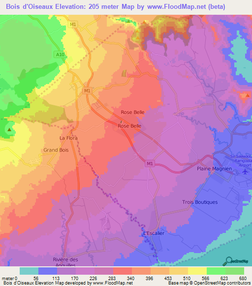 Bois d'Oiseaux,Mauritius Elevation Map