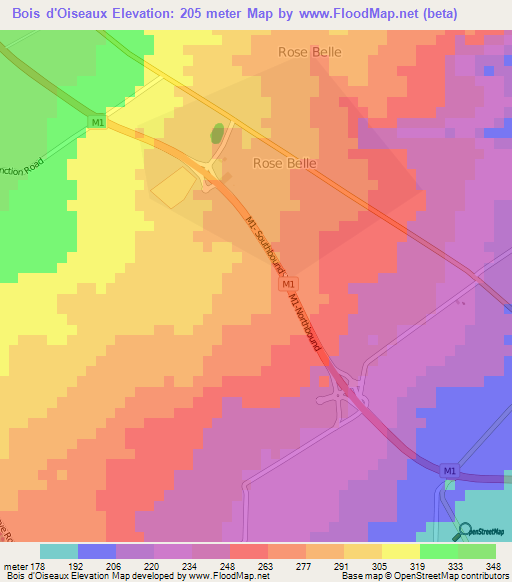 Bois d'Oiseaux,Mauritius Elevation Map
