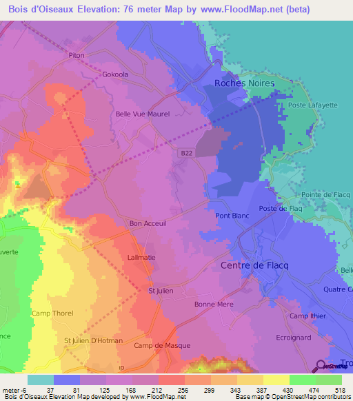 Bois d'Oiseaux,Mauritius Elevation Map