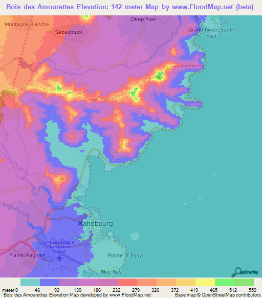 Bois des Amourettes,Mauritius Elevation Map