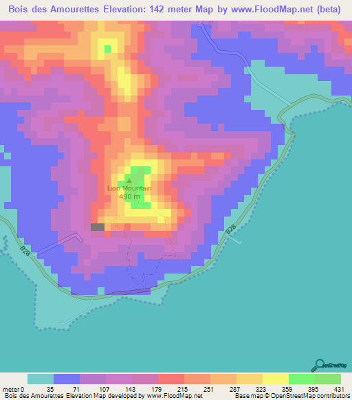 Bois des Amourettes,Mauritius Elevation Map