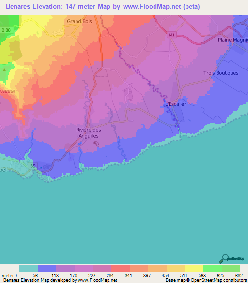 Benares,Mauritius Elevation Map