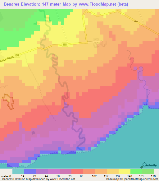 Benares,Mauritius Elevation Map
