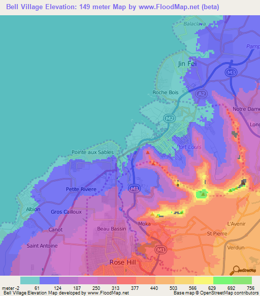 Bell Village,Mauritius Elevation Map