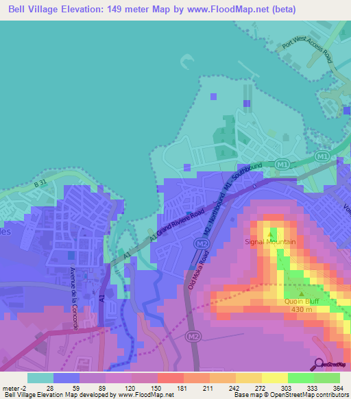 Bell Village,Mauritius Elevation Map