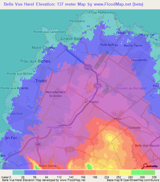 Belle Vue Harel,Mauritius Elevation Map