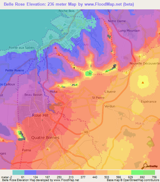Belle Rose,Mauritius Elevation Map