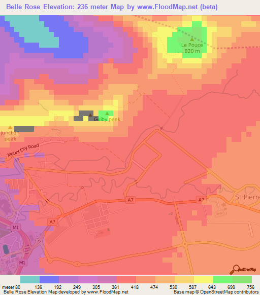 Belle Rose,Mauritius Elevation Map