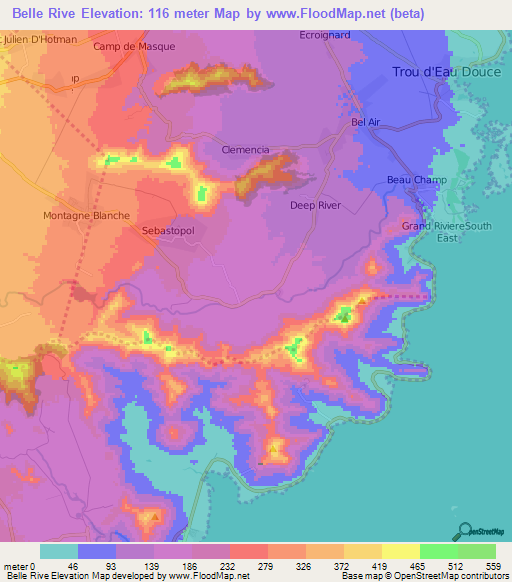 Belle Rive,Mauritius Elevation Map