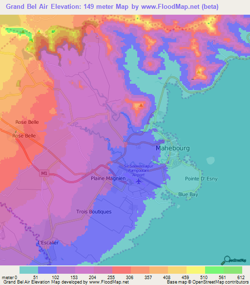 Grand Bel Air,Mauritius Elevation Map