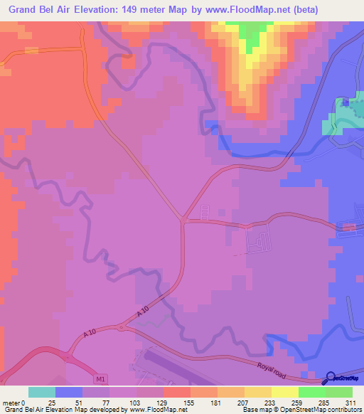 Grand Bel Air,Mauritius Elevation Map