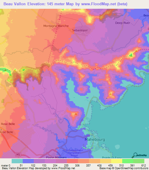 Beau Vallon,Mauritius Elevation Map
