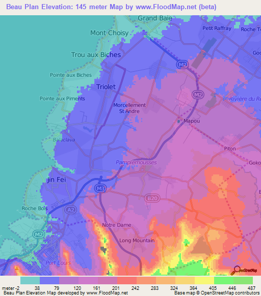 Beau Plan,Mauritius Elevation Map