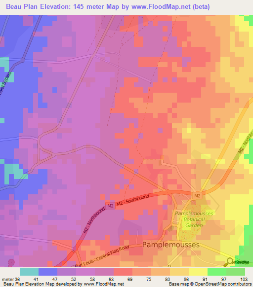 Beau Plan,Mauritius Elevation Map