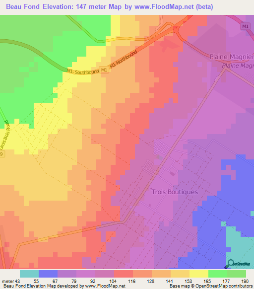Beau Fond,Mauritius Elevation Map