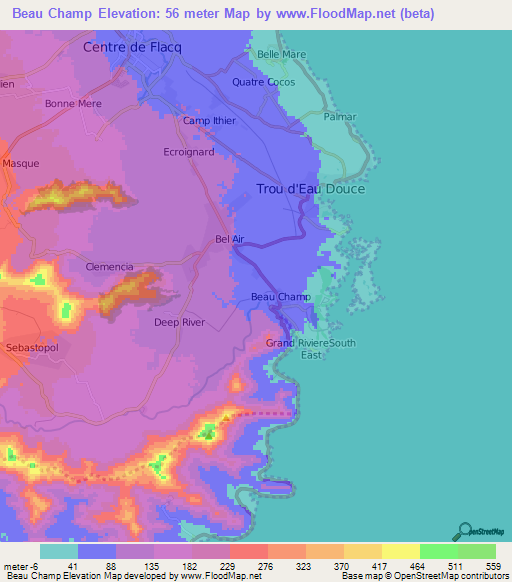 Beau Champ,Mauritius Elevation Map
