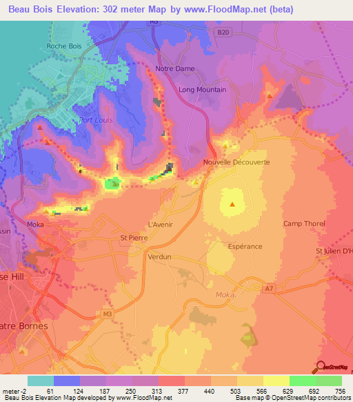 Beau Bois,Mauritius Elevation Map