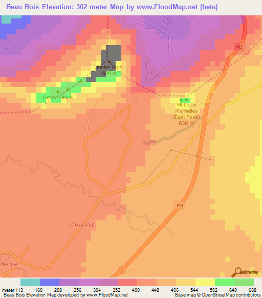 Beau Bois,Mauritius Elevation Map
