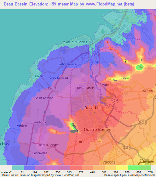 Beau Bassin,Mauritius Elevation Map