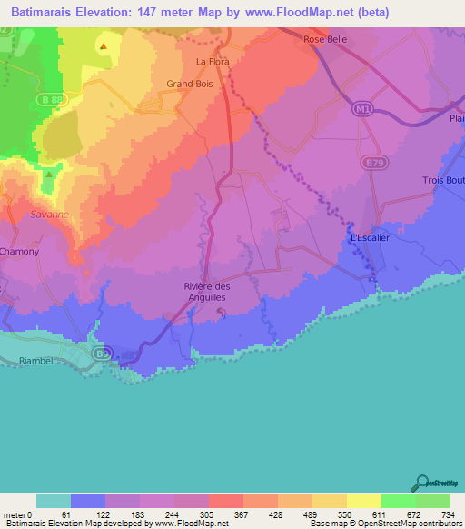 Batimarais,Mauritius Elevation Map