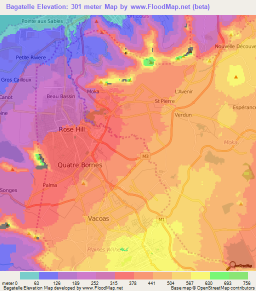 Bagatelle,Mauritius Elevation Map