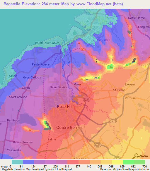 Bagatelle,Mauritius Elevation Map