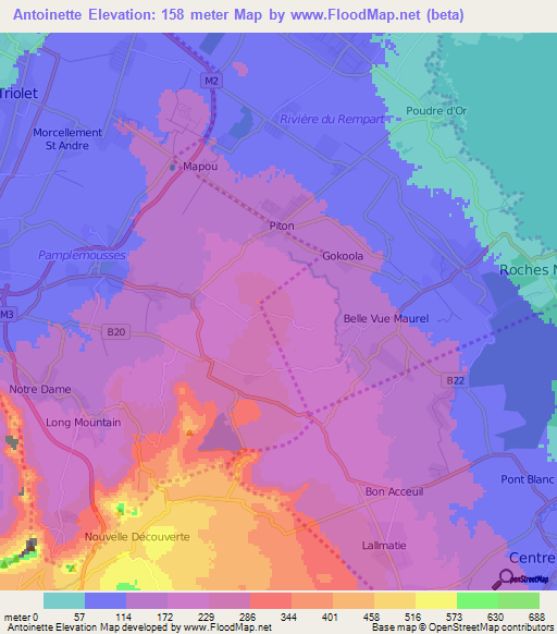 Antoinette,Mauritius Elevation Map