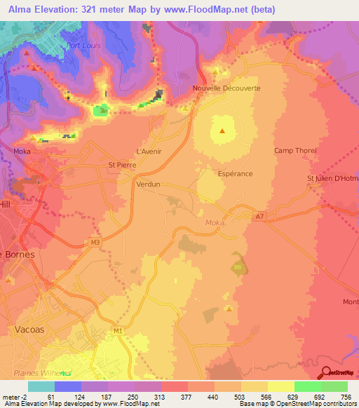 Alma,Mauritius Elevation Map