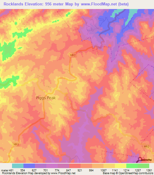 Rocklands,Swaziland Elevation Map