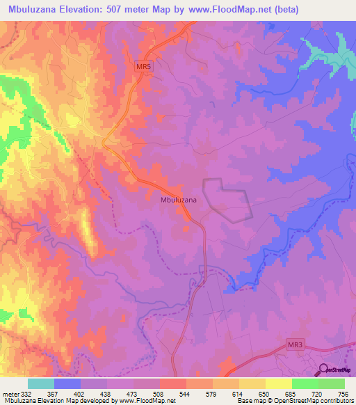 Mbuluzana,Swaziland Elevation Map