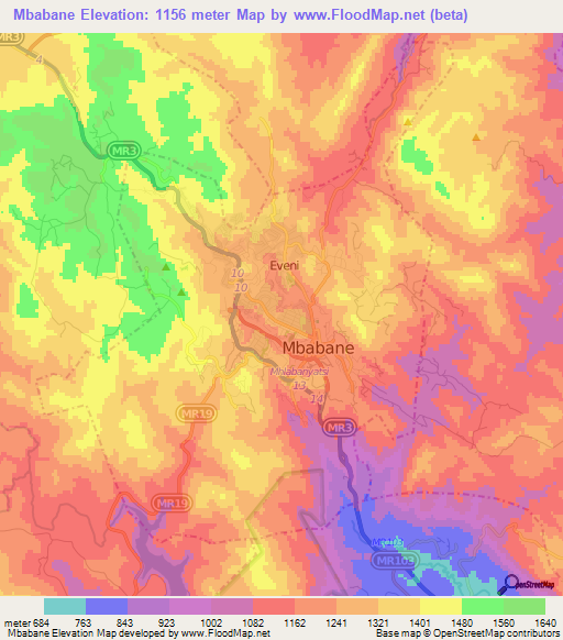 Mbabane,Swaziland Elevation Map