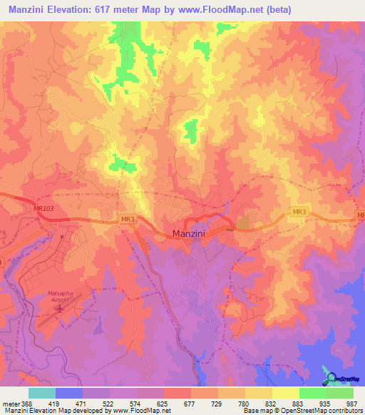 Manzini,Swaziland Elevation Map
