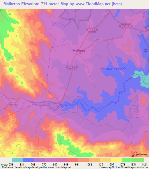 Malkerns,Swaziland Elevation Map