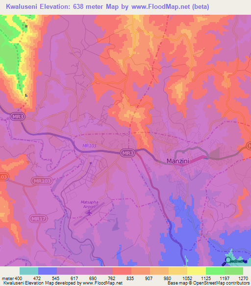 Kwaluseni,Swaziland Elevation Map