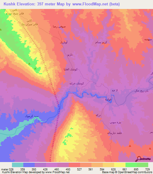 Kushk,Iraq Elevation Map