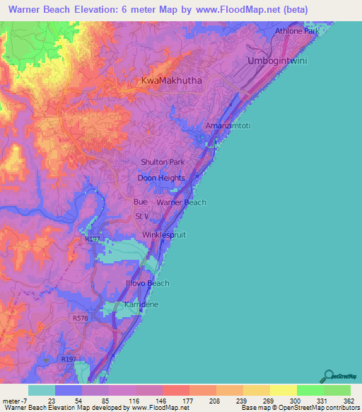 Warner Beach,South Africa Elevation Map