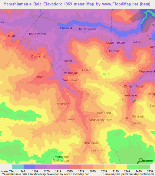 Yareshlaman-e Bala,Iran Elevation Map
