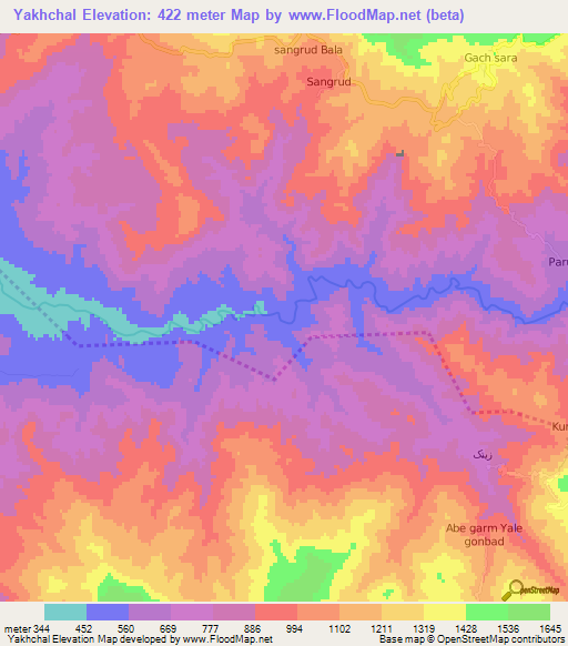 Yakhchal,Iran Elevation Map
