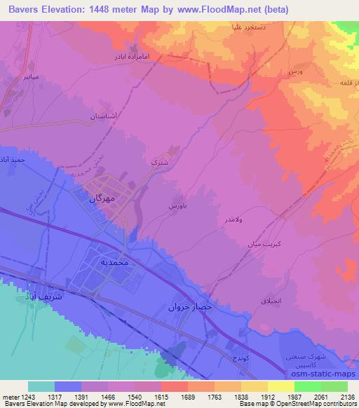 Bavers,Iran Elevation Map