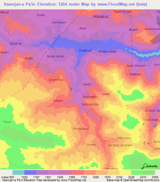 Vasmjan-e Pa'in,Iran Elevation Map