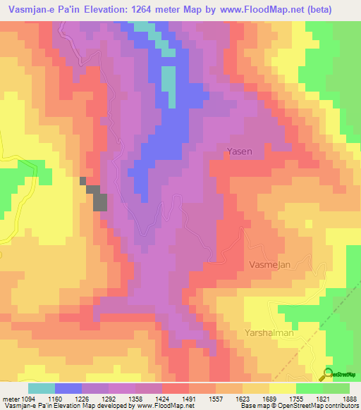 Vasmjan-e Pa'in,Iran Elevation Map