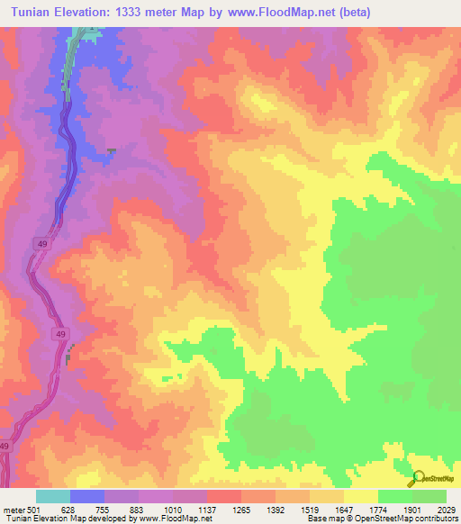 Tunian,Iran Elevation Map