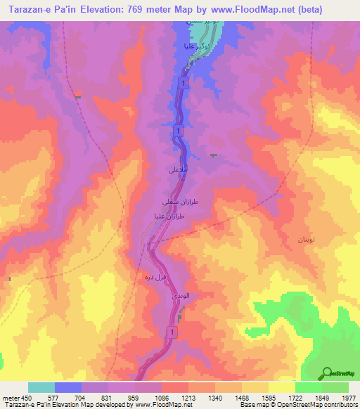Tarazan-e Pa'in,Iran Elevation Map