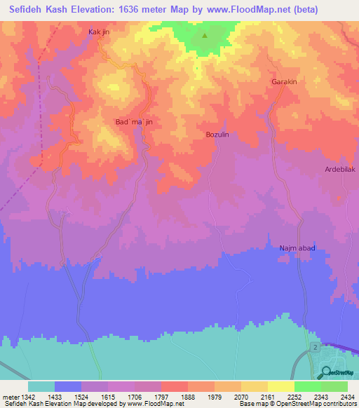 Sefideh Kash,Iran Elevation Map