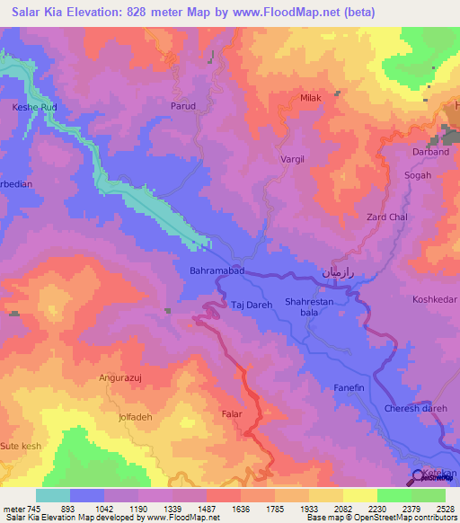 Salar Kia,Iran Elevation Map