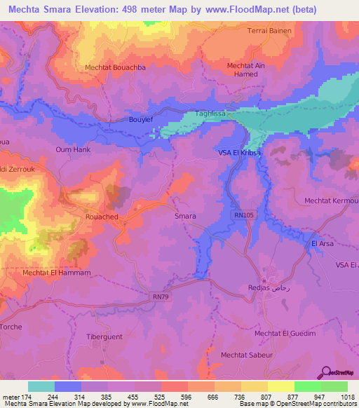Elevation of Mechta Smara,Algeria Elevation Map, Topography, Contour