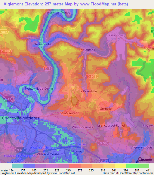 Elevation of Aiglemont,France Elevation Map, Topography, Contour