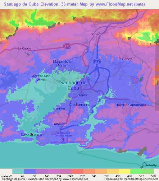 Santiago de Cuba,Cuba Elevation Map